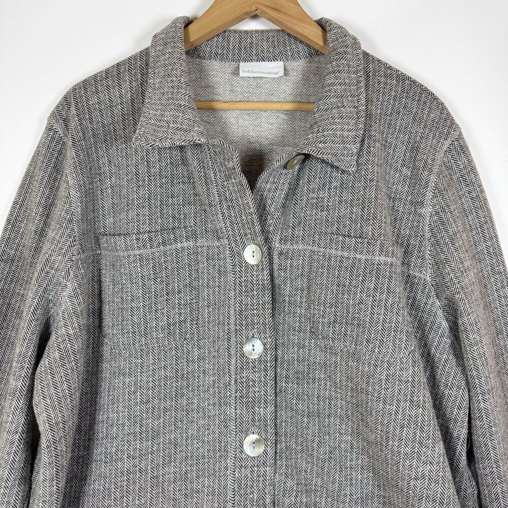 Soft Surroundings Shacket Womens Large Gray Herringbone Button Front‎ Jacket Top - Picture 2 of 13